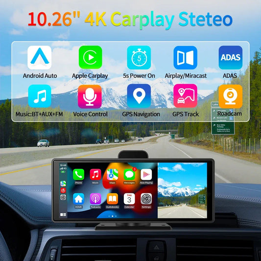 10.26" 4K Dash Cam ADAS Wireless Carplay & Android Auto Car DVR 5G WiFi GPS Navigation Rearview Camera Dashboard Video Recorder