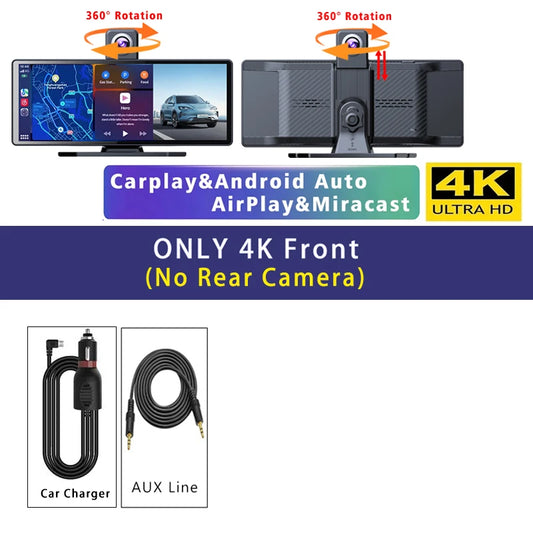 10.26" 4K Dash Cam Carplay Android Auto GPS 5G WIFI FM BT Car Dvr 360 ° Rotation Dual Lens Dashcam Truck Camera Drive Recorder